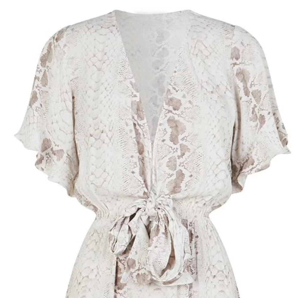 Boho Plunging Front Tie Snakeskin Ruffle Dress - Picture 6 of 7
